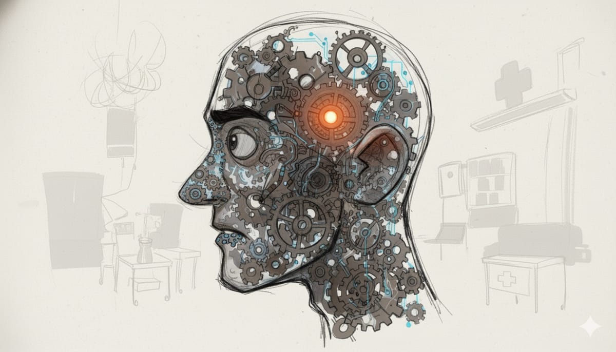 A stylized cartoon head filled with gears, with one gear glowing.