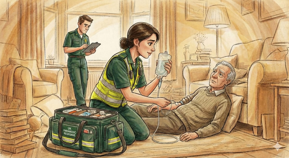 A paramedic administers an IV to an elderly patient on the floor at home.
