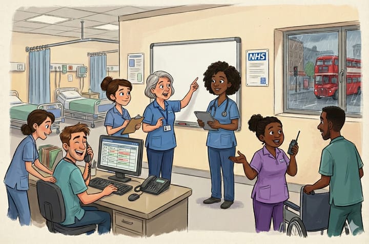 Illustration of diverse NHS staff communicating in a busy hospital ward.