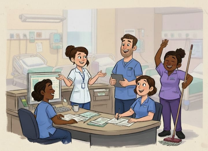 A smiling healthcare team, depicted in a Pixar-like 2D animation style, gathered at a hospital ward's nurses' station, with individual character designs below.