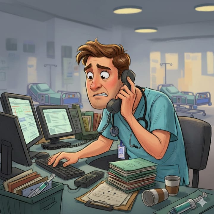 An art illustration of a male nurse in a blue scrub top, looking visibly stressed at a hospital nurse's station.